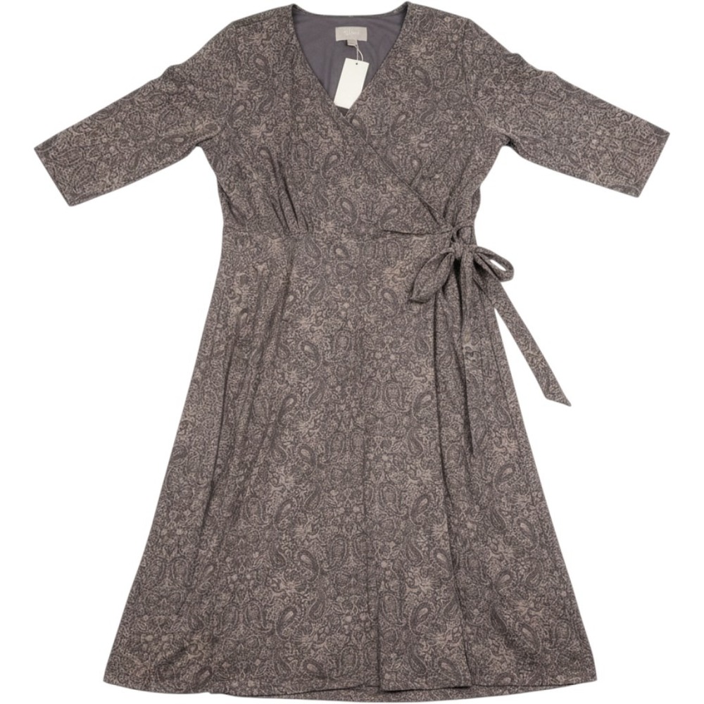 Soft Comfy Grey Paisley Faux Wrap Midi Dress 1X 3/4 Sleeve Side Tie Fitted Flowy
